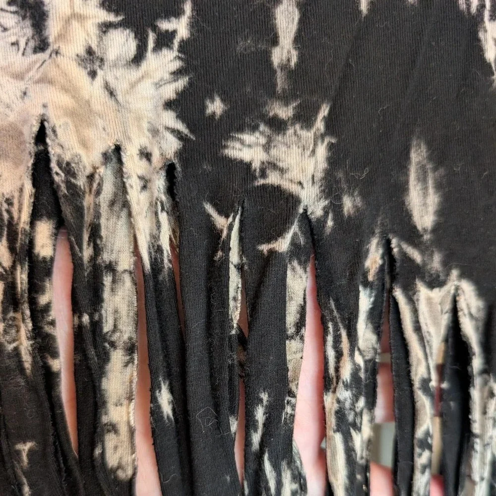 Bold Black & White tie-dye maxi skirt with fringe boho festival Asymmetrical